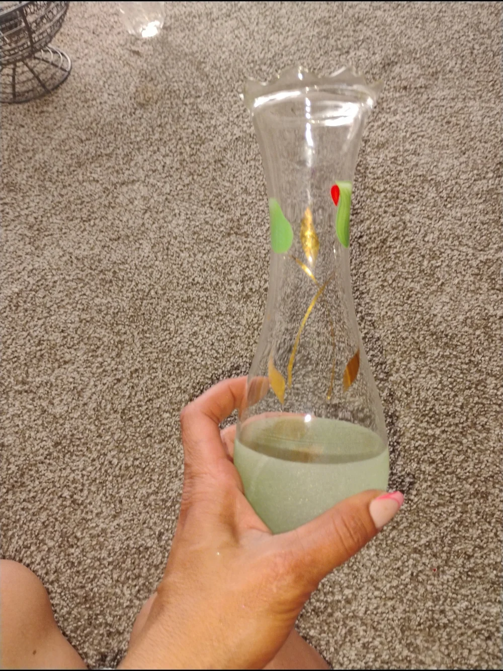 Vintage Hand Painted Clear Glass Vase with Green Base and Gold Leaf Accents
